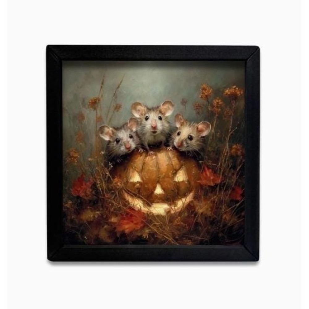 Three Little Mice Pumpkin Fall Box Frame Halloween Picture 12x12 Wall Decor NEW